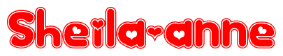 The image is a red and white graphic with the word Sheila-anne written in a decorative script. Each letter in  is contained within its own outlined bubble-like shape. Inside each letter, there is a white heart symbol.