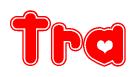 The image is a red and white graphic with the word Tra written in a decorative script. Each letter in  is contained within its own outlined bubble-like shape. Inside each letter, there is a white heart symbol.