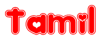 The image displays the word Tamil written in a stylized red font with hearts inside the letters.