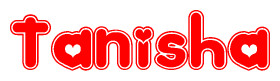 The image is a red and white graphic with the word Tanisha written in a decorative script. Each letter in  is contained within its own outlined bubble-like shape. Inside each letter, there is a white heart symbol.