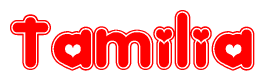 The image displays the word Tamilia written in a stylized red font with hearts inside the letters.