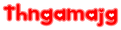 The image is a red and white graphic with the word Thngamajg written in a decorative script. Each letter in  is contained within its own outlined bubble-like shape. Inside each letter, there is a white heart symbol.