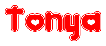 The image is a red and white graphic with the word Tonya written in a decorative script. Each letter in  is contained within its own outlined bubble-like shape. Inside each letter, there is a white heart symbol.
