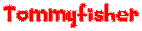 The image is a clipart featuring the word Tommyfisher written in a stylized font with a heart shape replacing inserted into the center of each letter. The color scheme of the text and hearts is red with a light outline.