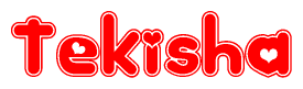 The image is a red and white graphic with the word Tekisha written in a decorative script. Each letter in  is contained within its own outlined bubble-like shape. Inside each letter, there is a white heart symbol.