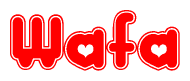 The image is a red and white graphic with the word Wafa written in a decorative script. Each letter in  is contained within its own outlined bubble-like shape. Inside each letter, there is a white heart symbol.