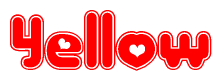 The image is a clipart featuring the word Yellow written in a stylized font with a heart shape replacing inserted into the center of each letter. The color scheme of the text and hearts is red with a light outline.