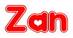 The image is a red and white graphic with the word Zan written in a decorative script. Each letter in  is contained within its own outlined bubble-like shape. Inside each letter, there is a white heart symbol.