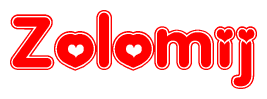The image is a clipart featuring the word Zolomij written in a stylized font with a heart shape replacing inserted into the center of each letter. The color scheme of the text and hearts is red with a light outline.