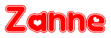 The image is a red and white graphic with the word Zanne written in a decorative script. Each letter in  is contained within its own outlined bubble-like shape. Inside each letter, there is a white heart symbol.