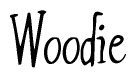 The image contains the word 'Woodie' written in a cursive, stylized font.