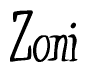 The image is a stylized text or script that reads 'Zoni' in a cursive or calligraphic font.