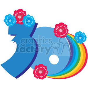 a blue thirty with blu and red flowers on the number and a rain bow on the 0 clipart. Royalty-free image # 369310