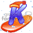 This animated GIF is the letter k going down a slope on a snowboard. It is also wearing a yellow and red hat