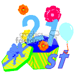 The clipart image displays the number 21st decorated with flowers and accompanied by a party hat and a balloon, all perched atop a wrapped gift box. The overall theme suggests a celebration of a 21st birthday.