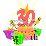 This clipart image depicts a colorful celebration scene with a birthday theme. In the center, there is a cake decorated with icing and topped with the number 30 to indicate a 30th birthday. Behind the cake, there are bursts of star-like shapes suggesting a festive explosion or fireworks. Alongside the cake are presents wrapped in bright, patterned gift paper and decorated with bows. Party poppers or horns with confetti are also apparent, adding to the celebratory atmosphere.