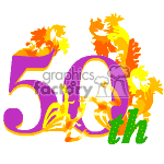 The clipart image displays a vibrant 50th text in purple and green with a decorative element that resembles flames or leaves in orange and yellow around the numbers. The design suggests a celebration of a 50th anniversary, which could be a birthday or another significant event.