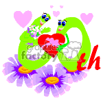 The clipart image depicts two anthropomorphic number characters, a 6 and a 0, which are both green and have cartoonish eyes and expressions. They are interlinked and appear to be celebrating, as the 6 is holding a bouquet of flowers. There are purple flowers with yellow centers at the base of each number character. Above the characters, there are pink hearts of various sizes. To the right of the number 0, there is the red letter t and h, likely denoting a 60th celebration (e.g., birthday or anniversary). The overall theme of the image suggests a celebration of a 60th milestone with a festive and friendly atmosphere.