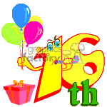 The clipart image includes a stylized number 16 adorned with facial features such as eyes and glasses, holding a trio of balloons in one hand and a party blower in its mouth. Alongside the number 16 are the letters th, which suggests it's representing a 16th birthday celebration. There is also a small, open gift box with a lit candle inside at the bottom left of the image, implying a birthday present or celebration.