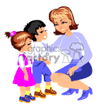 The image is a clipart illustration showing a woman squatting down to be at eye-level with two children, a boy and a girl. The children appear to be listening to the woman, suggesting a moment of teaching or nurturing. The woman is smiling, and all individuals have a cartoonish appearance.