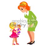 The clipart image depicts a scene with two animated characters: an adult woman and a young girl. The adult woman has reddish hair, is wearing a green dress, and black heels, and is leaning forward slightly with her hands on her knees as if she is talking to or listening to the child. The young girl has blonde hair, is wearing a pink dress, and is holding a small doll. They appear to be interacting with each other, possibly sharing a mother-daughter moment.
