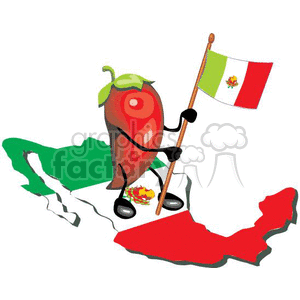 red chile pepper holding a mexican flag standing on a map of mexico clipart.