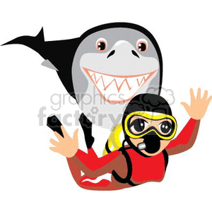 clipart - Scuba diver swimming with a shark.