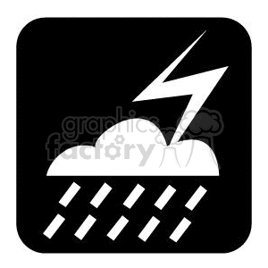 Black and white cloud with rain and lightning bolt clipart.
