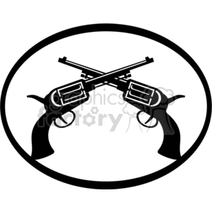 A Black and White Oval Frame with Two Old Western Guns Crossed
