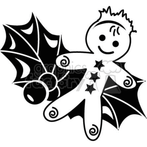 Black and White Gingerbread Man Cookie Sitting on Some Holly Berry clipart. Royalty-free image # 371972