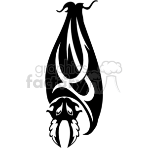 Black and white scary bat hanging upside down with folded wings