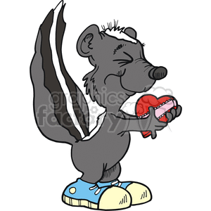 Cartoon skunk wearing sneakers holding a Valenites heart