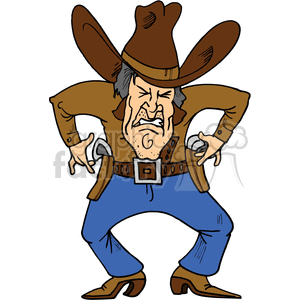 The clipart image shows a cartoonish depiction of a western gunslinger or cowboy, who is angry and mean-looking. He is holding a gun in each hand and appears ready for a fight. The image is in vector format and can be scaled without losing quality.
