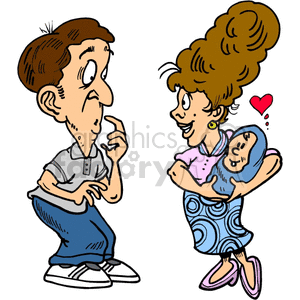 Happy Mother Holding her Newborn While Dad is Curious or Worried  clipart.