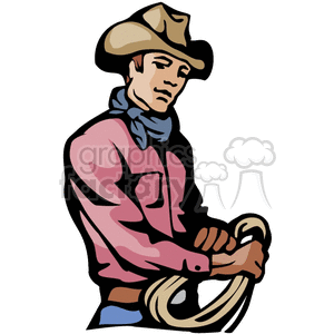 clipart - A Cowboy With a Red Shirt and Blue Bandana Holding a Rope.