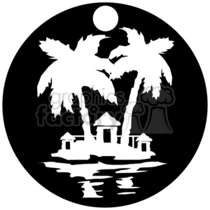 The clipart image shows a black and white vector illustration of a tropical island paradise. The scene includes a beach with palm trees, a hut or house, and a full moon in the night sky. It is designed to be suitable for use as a logo or printed on vinyl. The image depicts a leisurely vacation travel theme.
