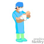 The clipart image features a healthcare worker or a doctor in blue scrubs and a surgical mask holding a newborn baby. Both the healthcare worker and the baby are stylized and simplified, typical of clipart illustrations.