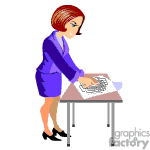 The clipart image shows a cartoon of a woman in a business suit organizing papers on a table. She appears to be sorting or shuffling the documents.