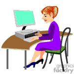The clipart image depicts a female cartoon character sitting at a desk. She is using a desktop computer that includes a monitor, keyboard, and a CPU unit. The character is wearing a purple dress and blue high heels. She has red hair and appears focused on the screen.
