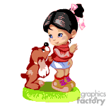 The clipart image depicts a young girl with her hair tied up with a pink ribbon standing and affectionately interacting with a brown and happy dog that appears to be licking her face. Both the girl and the dog are positioned on a patch of green grass.