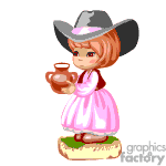 The clipart image depicts a cartoon or animated girl dressed in a pink dress with a large brimmed hat, possibly in a Western style. She is holding a brown teapot. The girl is standing on what appears to be a patch of grass or ground.