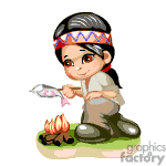 The clipart image depicts an animated character that appears to be a Native American child wearing a headband with a feather. The child is kneeling on some rocks and cooking a fish over a small campfire.