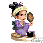 The image depicts an animated character, a girl dressed in traditional Asian attire, sitting on a wooden platform. She's looking into a handheld mirror with one hand, while the other appears to be holding a makeup applicator to her lips, possibly applying lipstick. There are some personal items nearby, which could be part of a makeup set. The overall scene suggests that the girl is engaged in a beauty routine.