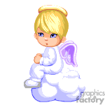 Animated little angel boy sitting on a cloud clipart.