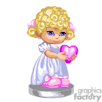 The image is an animated clipart of a little girl with curly blonde hair and blue eyes. She is wearing a white dress and pink shoes and is holding a pink heart. The style is cute and stylized, typical of digital illustrations intended for a lighthearted or children's theme.