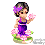 The clipart image depicts an animated character of a young girl wearing traditional Indian attire with purple and gold colors. She has a flower in her hair and is holding another flower in her hand, possibly a lotus. The girl is surrounded by additional lotus flowers and stands on what appears to be a green lily pad. 