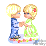 In the clipart image, there are two animated children, a boy and a girl, facing each other and holding hands. The boy is dressed in a blue outfit while the girl is in a green dress with a floral pattern and a red flower in her hair. They appear to be standing on a patch of grass with more red flowers scattered around. The image gives off a playful and innocent vibe, possibly representing childhood friendship or a first crush.