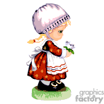 The image is a clipart of a young girl wearing traditional folk costume. She has on a red dress with white accents and patterns, a white apron, and a white bonnet with a purple edge. She is holding a small bunch of white flowers in one hand and appears to be walking on a patch of grass.