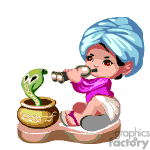 This clipart image features an animated character resembling a snake charmer. The character is wearing a turban and sitting cross-legged, playing a flute to charm a snake, which is rising out of a basket.