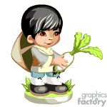 The image is an animated clipart depicting a young boy with grayish hair, dressed in a white tank top and blue shorts, standing on a patch of green grass. He is holding a large plant with green leaves in his hands. The boy appears to be in a happy or content state while engaging in an activity related to gardening or plant care.